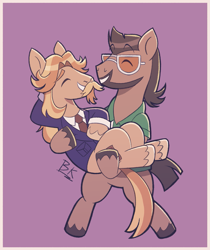 Size: 1615x1926 | Tagged: safe, artist:php191, colter sobchak, jeff letrotski, earth pony, pony, g4, bipedal, carrying, clothes, duo, duo male, facial hair, gay, glasses, holding a pony, hooves behind head, hooves to the chest, looking at each other, looking at someone, male, purple background, signature, simple background, smiling, smiling at each other, stallion, standing, suit