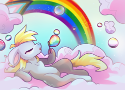 Size: 5121x3699 | Tagged: safe, artist:cutepencilcase, derpy hooves, pegasus, pony, g4, blowing bubbles, bubble, cloud, cloud bed, eyes closed, pride month, rainbow, rainbow flag, solo