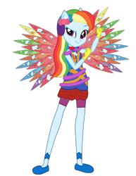 Size: 839x1088 | Tagged: safe, artist:ketrin29, artist:user15432, rainbow dash, fairy, equestria girls, g4, alternate hairstyle, base used, blue dress, bow, clothes, colored wings, crossover, cutie mark on clothes, dress, eastrix, fairy wings, fairyized, gloves, hair bow, looking at you, multicolored wings, ponied up, rainbow wings, shoes, simple background, smiling, sparkly wings, transparent background, wings, winx, winx club, winxified