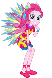 Size: 726x1089 | Tagged: safe, artist:ketrin29, artist:user15432, pinkie pie, fairy, equestria girls, g4, alternate hairstyle, base used, clothes, colored wings, crossover, cutie mark on clothes, dress, eastrix, fairy wings, fairyized, finger to mouth pose, flower, flower in hair, looking at you, pink dress, pink wings, ponied up, ponytail, shoes, simple background, smiling, sparkly wings, transparent background, wings, winx, winx club, winxified