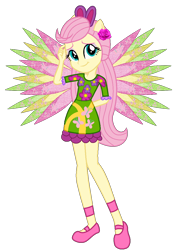 Size: 830x1144 | Tagged: safe, artist:ketrin29, artist:user15432, fluttershy, fairy, equestria girls, g4, alternate hairstyle, base used, bunny ears, clothes, colored wings, crossover, cutie mark on clothes, dress, eastrix, fairy wings, fairyized, flower, flower in hair, green dress, hand on head, looking at you, ponied up, rose, shoes, simple background, smiling, sparkly wings, transparent background, wings, winx, winx club, winxified, yellow wings