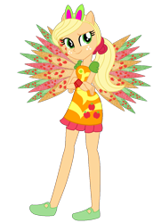 Size: 819x1188 | Tagged: safe, artist:flormoonlight, artist:user15432, applejack, fairy, equestria girls, g4, alternate hairstyle, base used, bunny ears, clothes, colored wings, crossed arms, crossover, cutie mark on clothes, dress, eastrix, fairy wings, fairyized, looking at you, orange dress, orange wings, ponied up, ponytail, shoes, simple background, smiling, sparkly wings, transparent background, wings, winx, winx club, winxified