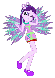 Size: 885x1251 | Tagged: safe, artist:niightlydark, artist:user15432, starlight glimmer, fairy, equestria girls, g4, alternate hairstyle, bare shoulders, base used, clothes, colored wings, crossover, cutie mark on clothes, dress, eastrix, fairy wings, fairyized, looking at you, one eye closed, peace sign, ponied up, purple dress, purple wings, shoes, simple background, sleeveless, smiling, sparkly wings, transparent background, wings, wink, winking at you, winx, winx club, winxified