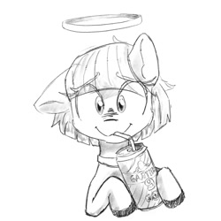 Size: 1280x1280 | Tagged: safe, artist:halfaman, coco pommel, earth pony, pony, alcohol, beer, monochrome, nimbus, sketch, solo, tube