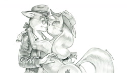 Size: 1500x856 | Tagged: safe, artist:baron engel, applejack, oc, oc:king trafalgar maximilian augustus leopold iii, earth pony, mouse, pony, anthro, g4, anthro with ponies, butt, canon x oc, duo, female, kissing, male, mare, monochrome, muscles, pencil drawing, plot, simple background, story included, straight, surprise kiss, traditional art, white background