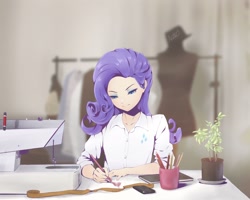 Size: 1920x1536 | Tagged: safe, artist:nattapong yotkhruea, rarity, human, g4, blurry background, cellphone, clothes, cutie mark on clothes, drawing, female, holding a pencil, humanized, mannequin, measuring tape, pencil, phone, plant, plant pot, potted plant, sewing machine, signature, smartphone, solo, woman