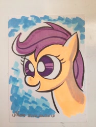 Size: 768x1024 | Tagged: safe, artist:thom zahler, scootaloo, pegasus, pony, g4, 2013, female, filly, foal, kids read comics, open mouth, open smile, signature, smiling, solo, traditional art