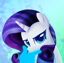 Size: 1492x1475 | Tagged: editor needed, safe, artist:andromedasparkz, edit, rarity, pony, unicorn, g4, abstract background, colored, female, hand, horn, magic, magic hands, mare, shading, solo, thinking