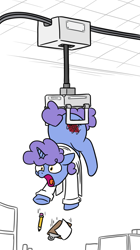 Size: 706x1262 | Tagged: safe, artist:jargon scott, oc, oc only, oc:magmatic, pony, robot, unicorn, abduction, clipboard, clothes, fab, hanging, hanging upside down, horn, lab coat, pencil, simple background, solo, upside down, white background