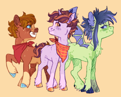 Size: 1458x1168 | Tagged: safe, artist:cactiflowers, oc, oc:red delicious, oc:strike, oc:zapple, dracony, dragon, earth pony, hybrid, pony, unicorn, colt, female, filly, foal, horn, magical gay spawn, magical lesbian spawn, male, offscreen character, offspring, orange background, parent:apple bloom, parent:big macintosh, parent:rumble, parent:rumblespike, parent:scootaloo, parent:sheriff silverstar, parent:spike, parents:scootabloom, simple background