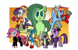 Size: 1000x647 | Tagged: safe, artist:thom zahler, applejack, fluttershy, pinkie pie, rainbow dash, rarity, spike, twilight sparkle, dragon, earth pony, pegasus, pony, unicorn, g4, 2013, angry, applejack's hat, armor, arrow, avengers, black widow (marvel), captain america, clothes, cosplay, costume, cowboy hat, eyepatch, female, group, hammer, hat, hawkeye, helmet, horn, iron man, lidded eyes, male, mane seven, mane six, mare, marvel, mjölnir, nick fury, one eye closed, open mouth, open smile, quiver, raised hoof, shield, signature, smiling, tail, the avengers, the incredible hulk, thor, war hammer, watermark, wink