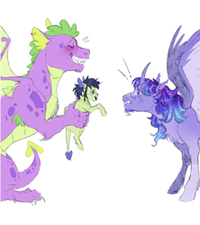 Size: 1796x2020 | Tagged: safe, artist:cactiflowers, spike, twilight sparkle, oc, oc:strike, alicorn, dracony, dragon, hybrid, pony, g4, adult, adult spike, alternate design, blushing, female, implied rumblespike, magical gay spawn, male, offspring, older, older spike, parent:rumble, parent:spike, parents:rumblespike, simple background, trio, twilight sparkle (alicorn), white background, winged spike, wings