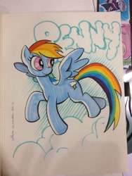 Size: 768x1024 | Tagged: safe, artist:thom zahler, rainbow dash, twilight sparkle, pegasus, pony, g4, 2013, fan expo, female, flying, mare, signature, smiling, solo focus, spread wings, tail, traditional art, wings