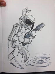 Size: 768x1024 | Tagged: safe, artist:thom zahler, earth pony, pony, 2013, boba fett, commission, crossover, dragon con, dragon con 2013, gun, helmet, jetpack, male, ponified, solo, stallion, star wars, traditional art, weapon