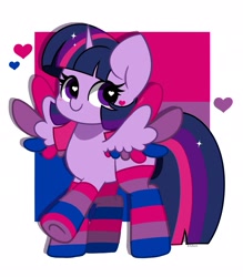 Size: 1797x2048 | Tagged: safe, artist:kittyrosie, part of a set, twilight sparkle, alicorn, pony, g4, bilight sparkle, bisexual pride flag, blush lines, blushing, clothes, colored wings, colored wingtips, cute, female, floating heart, heart, heart eyes, heart mark, horn, looking back, mare, multicolored wings, passepartout, pride, pride flag, pride month, pride socks, raised hoof, shadow, signature, simple background, smiling, socks, solo, sparkles, sparkly hair, spread wings, striped socks, twiabetes, twilight sparkle (alicorn), underhoof, walking, white background, wing fluff, wingding eyes, wings