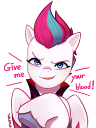 Size: 2246x2974 | Tagged: safe, artist:maren, zipp storm, pegasus, pony, undead, vampire, vampony, g5, my little pony: make your mark, my little pony: make your mark chapter 5, nightmare on mane street, spoiler:g5, spoiler:my little pony: make your mark, spoiler:my little pony: make your mark chapter 5, spoiler:mymc05e06, bust, cape, clothes, colored eyebrows, colored hooves, colored pinnae, colored wings, colored wingtips, costume, count zippula, dialogue, emanata, eyebrows, eyelashes, fake fangs, female, folded wings, front view, high res, looking at you, mare, multicolored wings, nightmare night costume, signature, simple background, smiling, smiling at you, solo, talking to viewer, text, underhoof, unshorn fetlocks, vampire costume, white background, wing fluff, wings