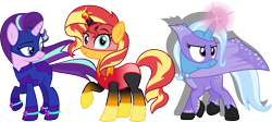 Size: 3135x1402 | Tagged: safe, artist:cloudy glow, artist:dupontsimon, artist:ephemeralpegasus, artist:zacatron94, starlight glimmer, sunset shimmer, trixie, unicorn, fanfic:choose your own magic ending, equestria girls, g4, fanfic art, horn, simple background, superhero, transparent background, trio, vector