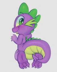 Size: 1004x1250 | Tagged: safe, artist:wuggsy, spike, dragon, g4, blushing, butt, dragonbutt, fangs, feet, grainy, happy, looking at you, looking back, simple background, smiling, soles, solo, tail, underbelly