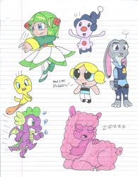 Size: 1700x2183 | Tagged: safe, artist:cmara, spike, dragon, mime jr., g4, bubbles (powerpuff girls), centaurworld, colored, cosmo the seedrian, female, judy hopps, lined paper, looney tunes, male, pokémon, sonic the hedgehog (series), sonic x, the powerpuff girls, traditional art, tweety bird, wammawink, winged spike, wings, zootopia