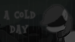 Size: 1920x1080 | Tagged: safe, artist:snowflakepone, oc, oc only, accessory, clothes, cover, fimfiction, monochrome, rain, scarf, solo