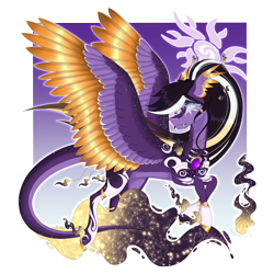 Size: 4320x4320 | Tagged: safe, artist:chazmazda, oc, original species, pony, accessory, cel shading, fangs, frown, full body, gold, golden wings, hair, halo, horns, long hair, markings, present, shade, shading, smiling, solo, soul, sparkles, species:lost soul ponies, spirit, spirit orbs, stars, wings, wisps