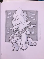 Size: 768x1024 | Tagged: safe, artist:thom zahler, spike, dragon, g4, 2013, bass guitar, cincinnati comic expo, cincinnati comic expo 2013, eyes closed, fangs, grayscale, male, monochrome, music notes, musical instrument, playing instrument, signature, smiling, solo, tail, traditional art