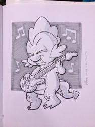 Size: 768x1024 | Tagged: safe, artist:thom zahler, spike, dragon, g4, 2013, bass guitar, cincinnati comic expo, cincinnati comic expo 2013, cute, eyes closed, fangs, grayscale, male, monochrome, music notes, musical instrument, playing instrument, signature, smiling, solo, spikabetes, tail, traditional art