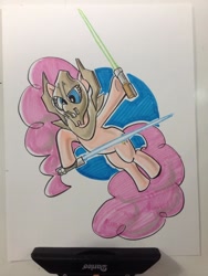 Size: 768x1024 | Tagged: safe, artist:thom zahler, pinkie pie, earth pony, pony, g4, 2013, clothes, cosplay, costume, crossover, female, general grievous, hoof hold, lightsaber, mare, mask, solo, star wars, tail, traditional art, weapon