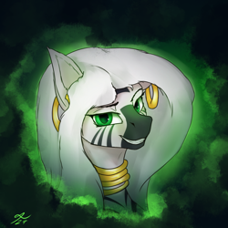 Size: 2160x2160 | Tagged: safe, artist:tenebrisnoctus, zecora, zebra, g4, atg 2024, bust, clothes, costume, ear piercing, earring, female, glowing, glowing eyes, grin, high res, jewelry, mare, necklace, newbie artist training grounds, nightmare night costume, piercing, smiling, solo