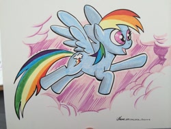 Size: 1024x768 | Tagged: safe, artist:thom zahler, rainbow dash, pegasus, pony, g4, 2014, cloud, female, flying, mare, open mouth, open smile, signature, smiling, solo, spread wings, tail, traditional art, wings