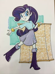 Size: 768x1024 | Tagged: safe, artist:thom zahler, rarity, human, equestria girls, g4, 2014, belt, boots, bracelet, clothes, commission, indiana comic convention, jewelry, shirt, shoes, signature, skirt, smiling, solo