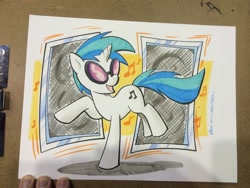 Size: 1024x768 | Tagged: safe, artist:thom zahler, dj pon-3, vinyl scratch, pony, unicorn, g4, 2014, commission, female, horn, mare, megacon, megacon 2014, music notes, open mouth, open smile, photo, signature, smiling, solo, tail, traditional art, vinyl's glasses
