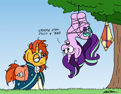 Size: 2208x1720 | Tagged: safe, artist:bobthedalek, starlight glimmer, sunburst, pony, unicorn, g4, atg 2024, bag, duo, duo male and female, female, hanging, hanging upside down, horn, kite, male, mare, newbie artist training grounds, saddle bag, stallion, stuck, that pony sure does love kites, tree, upside down