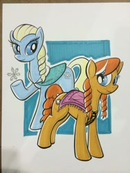 Size: 768x1024 | Tagged: safe, artist:thom zahler, earth pony, pony, 2014, anna (frozen), denver comic con 2014, duo, duo female, elsa, fan expo denver, female, frozen (movie), mare, siblings, sisters, smiling, snow, snowflake, tail, traditional art