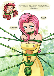 Size: 1226x1733 | Tagged: safe, artist:xeninara, fluttershy, tree hugger, human, g4, ballgag, bondage, bound, bound and gagged, clothes, dialogue, female, gag, humanized, peril, simple background, speech bubble, tied up, vine, vine bondage, vine gag, wrapped up
