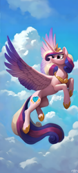Size: 1080x2400 | Tagged: safe, ai assisted, ai content, artist:dovakkins, derpibooru exclusive, princess cadance, alicorn, pony, g4, :3, belly, chest fluff, cloud, cloudy, colored wings, colored wingtips, concave belly, crown, cute, cutedance, female, flying, gauntlet, hoof shoes, horn, jewelry, leg fluff, long horn, mare, peytral, princess shoes, regalia, sky, slender, smiling, solo, spread wings, tail, thin, turned head, wallpaper, wavy mane, wavy tail, wings
