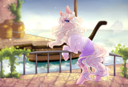 Size: 2800x1900 | Tagged: safe, artist:riressa, oc, oc only, oc:tegan, earth pony, pony, barrel, boat, clothes, commission, earth pony oc, female, mare, railing, solo, water