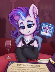 Size: 735x965 | Tagged: safe, artist:zeepheru_pone, rarity, twilight sparkle, alicorn, pony, unicorn, g4, atg 2024, clothes, contract, dress, ear piercing, earring, female, glass, horn, jewelry, mare, necklace, newbie artist training grounds, offscreen character, pearl necklace, picture, piercing, plate, pov, restaurant, socks, solo, stockings, table, thigh highs, wine glass