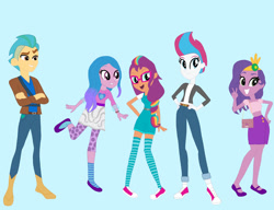 Size: 1739x1334 | Tagged: safe, artist:hannahtheanimequeen, hitch trailblazer, izzy moonbow, pipp petals, sunny starscout, zipp storm, equestria girls, g4, g5, converse, equestria girls-ified, female, g5 to equestria girls, g5 to g4, generation leap, height difference, hitch is tall, male, mane stripe sunny, midriff, pipp is short, shoes, skinny pipp, slender, thin, zipp is tall