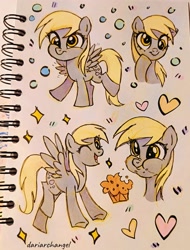 Size: 2515x3309 | Tagged: safe, artist:dariarchangel, derpy hooves, pegasus, pony, g4, bust, cross-eyed, derp, eating, female, flying, food, heart, mare, muffin, one eye closed, photo, portrait, sketch, smiling, spread wings, standing on two hooves, traditional art, wings, wink