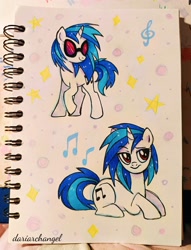 Size: 2868x3760 | Tagged: safe, artist:dariarchangel, dj pon-3, vinyl scratch, pony, unicorn, g4, cute, female, horn, lying down, mare, photo, prone, sketch, smiling, traditional art, vinyl's glasses, vinylbetes