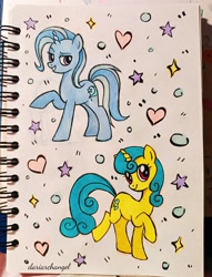 Size: 3072x4028 | Tagged: safe, artist:dariarchangel, lemon hearts, trixie, pony, unicorn, g4, duo, female, horn, mare, photo, raised hoof, sketch, smiling, standing on two hooves, traditional art