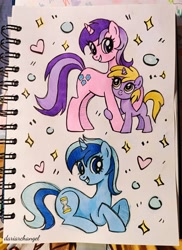 Size: 2801x3842 | Tagged: safe, artist:dariarchangel, amethyst star, dinky hooves, minuette, sparkler, pony, unicorn, g4, female, horn, looking at each other, looking at someone, looking up, lying down, photo, siblings, sisters, sketch, smiling, traditional art