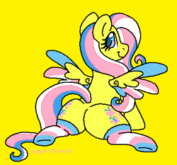 Size: 379x353 | Tagged: safe, alternate version, artist:leopardsnaps, fluttershy, pegasus, pony, butt, clothes, colored wings, looking at you, looking back, looking back at you, ms paint, multicolored eyes, multicolored hair, multicolored wings, plot, pride, pride flag, pride socks, simple background, socks, solo, transgender, transgender pride flag, wings, yellow background