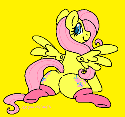 Size: 379x353 | Tagged: safe, alternate version, artist:leopardsnaps, fluttershy, pegasus, pony, butt, clothes, looking at you, looking back, looking back at you, ms paint, plot, simple background, socks, solo, yellow background