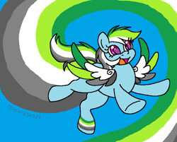 Size: 742x598 | Tagged: safe, alternate version, artist:leopardsnaps, rainbow dash, pegasus, pony, aromantic, aromantic pride flag, colored wings, flight trail, flying, ms paint, multicolored hair, multicolored wings, open mouth, pride, pride flag, pride month, smiling, solo, wings