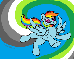 Size: 742x598 | Tagged: safe, alternate version, artist:leopardsnaps, rainbow dash, pegasus, pony, aromantic, aromantic pride flag, flight trail, flying, ms paint, multicolored hair, open mouth, pride, pride flag, pride month, smiling, solo