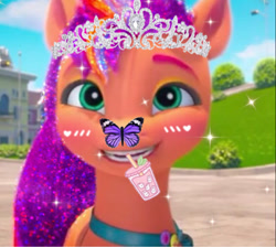 Size: 640x573 | Tagged: safe, artist:pippyeditz, sunny starscout, butterfly, earth pony, g5, drink, female, jewelry, smoothie, solo, tiara