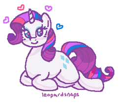 Size: 313x266 | Tagged: safe, alternate version, artist:leopardsnaps, rarity, pony, unicorn, bisexual, bisexual pride flag, heart, horn, looking at you, lying down, ms paint, pride, pride flag, pride month, simple background, smiley face, smiling, solo