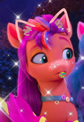 Size: 640x932 | Tagged: safe, artist:pippyeditz, edit, edited screencap, screencap, izzy moonbow, sunny starscout, earth pony, g5, candy, cat ears, female, food, lollipop